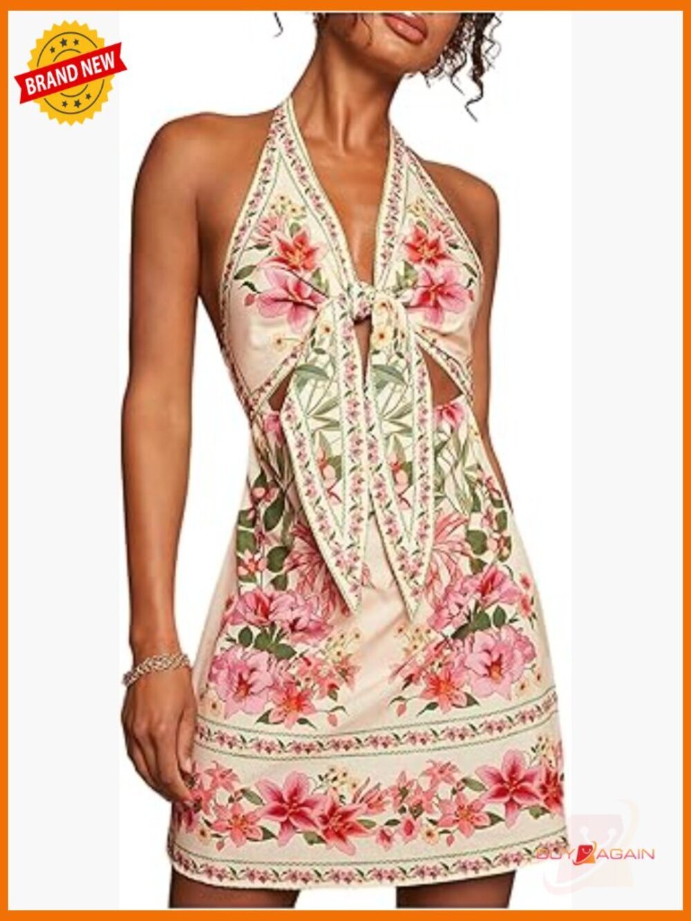 Tropical Floral Backless Halter Knot Front Mini Dress Sleeveless